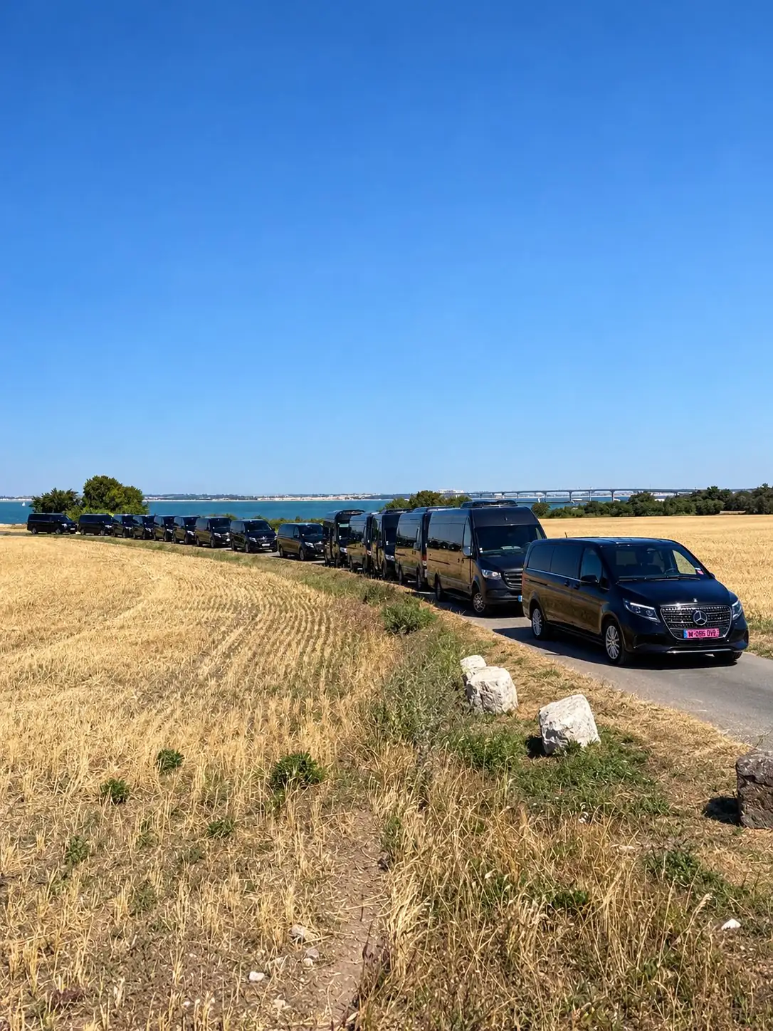 Convoy of MyCourse vans in front of the Île de Ré bridge