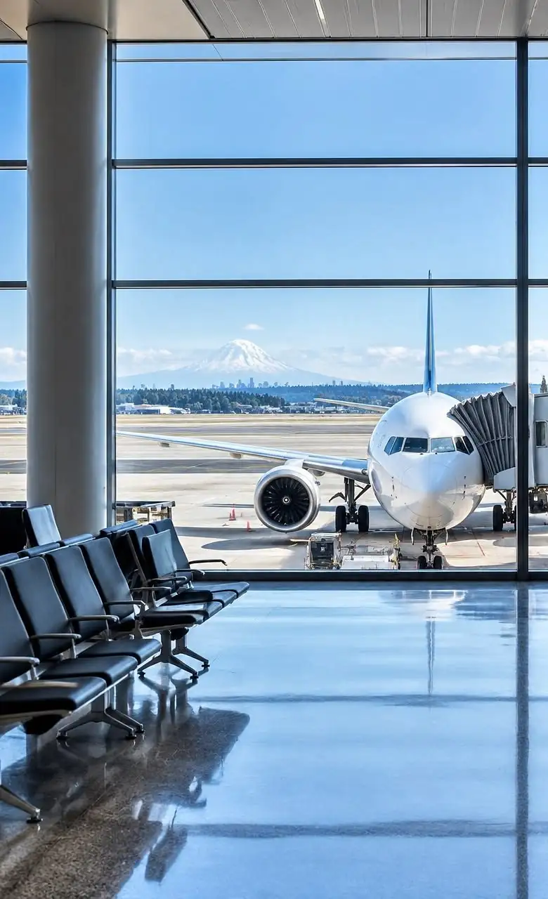 Aircraft at the gate seen from a terminal waiting area
