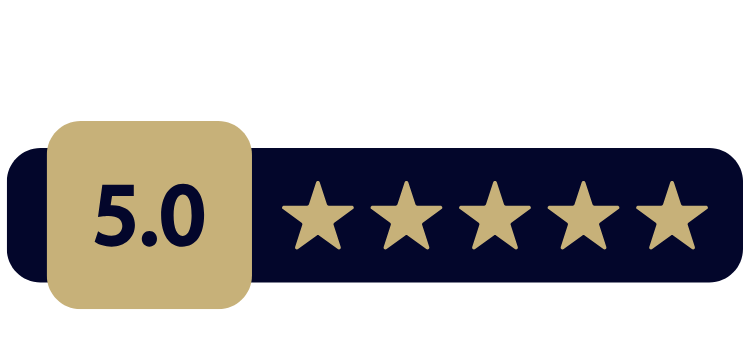 Perfect 5-Star Rating Graphic 5.0 with five gold stars on a dark blue and beige background.