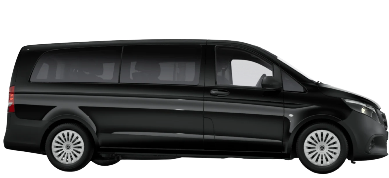 Chauffeur VTC La Rochelle Mercedes Vito Black passenger van in side profile, large windows, sleek design, alloy wheels, visible mirror.