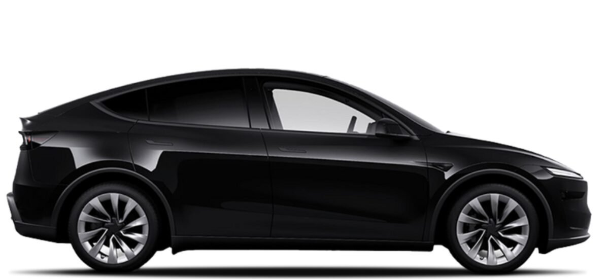 Sleek Black Electric Sedan Profile Black sedan, sleek design, aerodynamic profile, large wheels, tinted windows, electric vehicle.