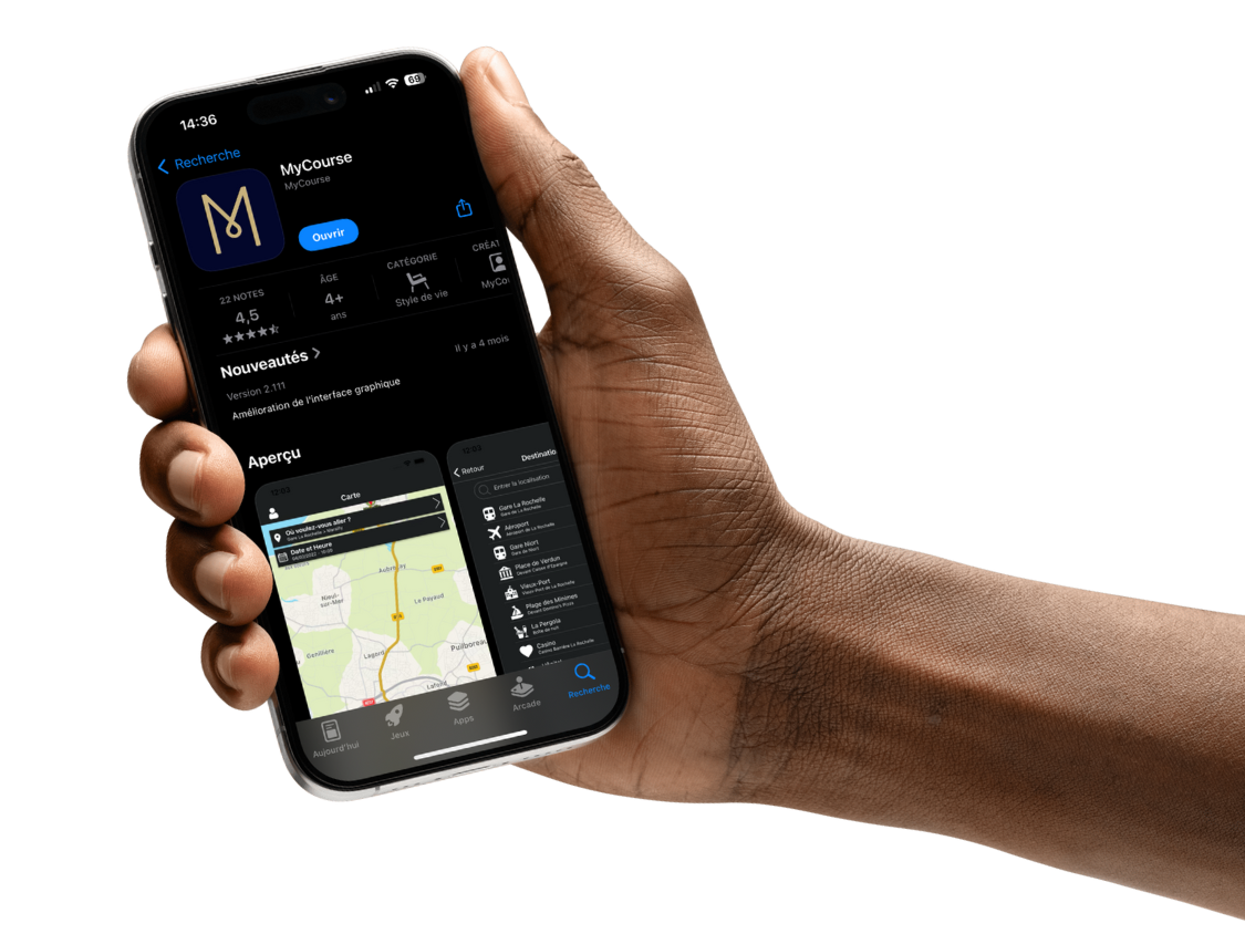 App Store Page for MyCourse Hand holds smartphone with "MyCourse" app store page, showing app details and map feature.