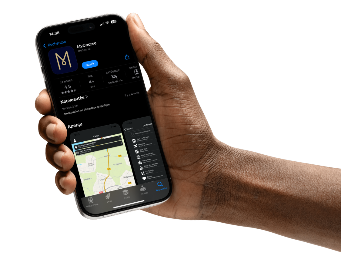 Hand holds smartphone with "MyCourse" app store page, showing app details and map feature.