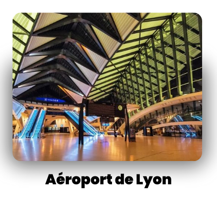 Interior of Lyon Airport with modern design, distinctive ceiling, escalators, spacious, well-lit
