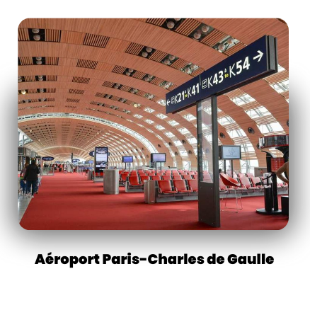 Modern Paris-Charles de Gaulle airport terminal with red carpet, wooden ceiling, gate signs.