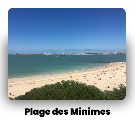 Sandy beach with sunbathers, clear blue water, cityscape, and blue sky background