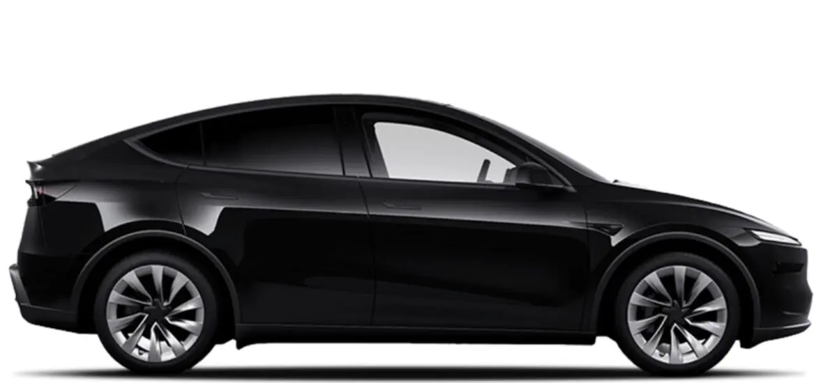 Black sedan, sleek design, aerodynamic profile, large wheels, tinted windows, electric vehicle.