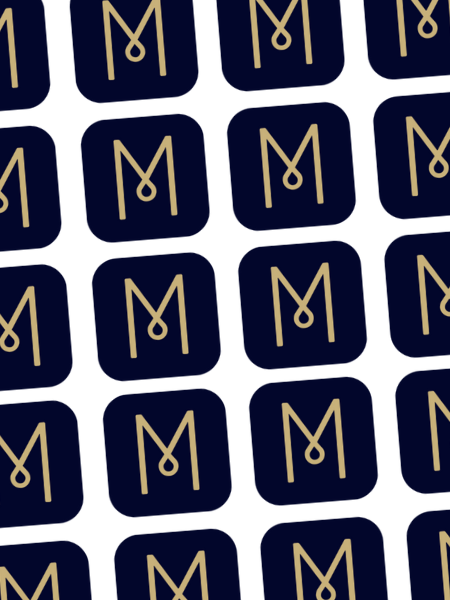 Navy Blue Squares with Gold Geometric M Pattern on White Background Navy rounded squares with gold geometric M and circle pattern on white background.