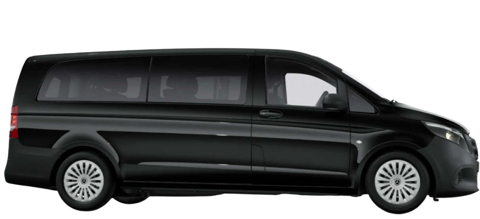 Chauffeur VTC La Rochelle Mercedes Vito Black passenger van in side profile, large windows, sleek design, alloy wheels, visible mirror.