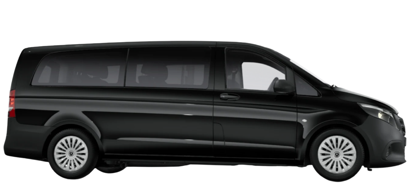 Black passenger van in side profile, large windows, sleek design, alloy wheels, visible mirror.